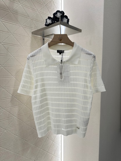 CHAN 25SS Hollow striped knitted short sleeved shirt