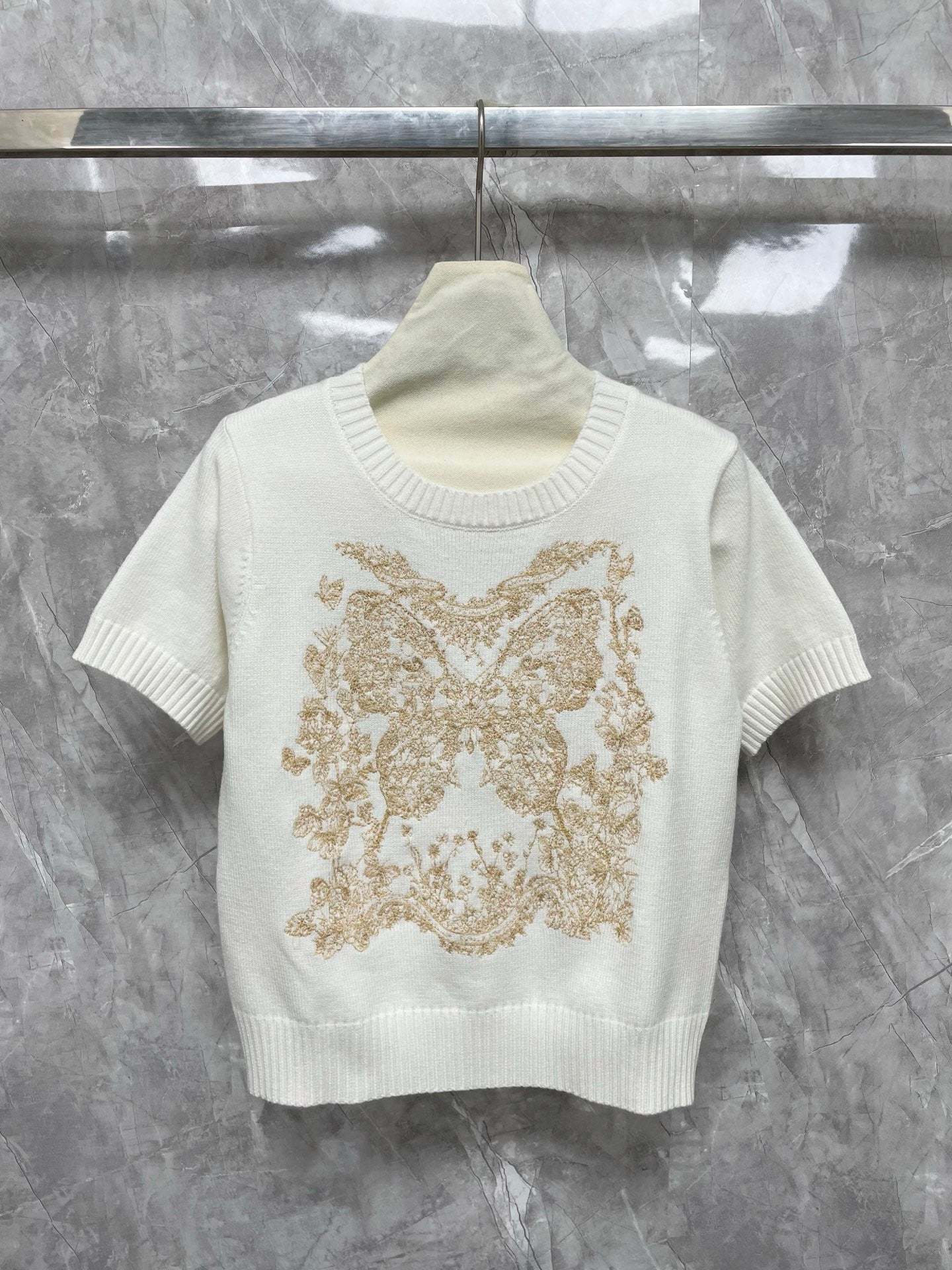 Floral embroidered ribbed neckline short sleeves