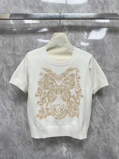 Floral embroidered ribbed neckline short sleeves