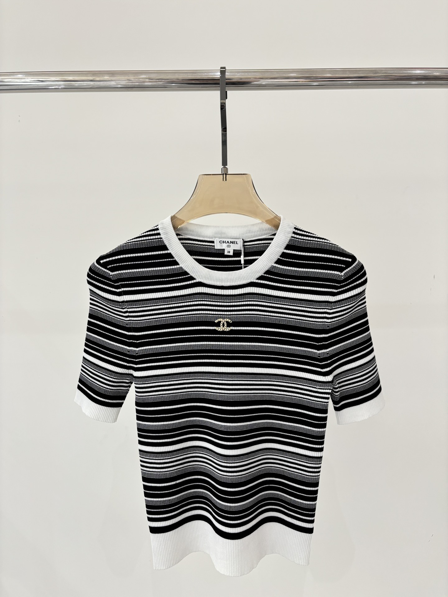 CHANE25SS Round Neck Letter Logo Stripe Patchwork Colour Block Knit Short Sleeve