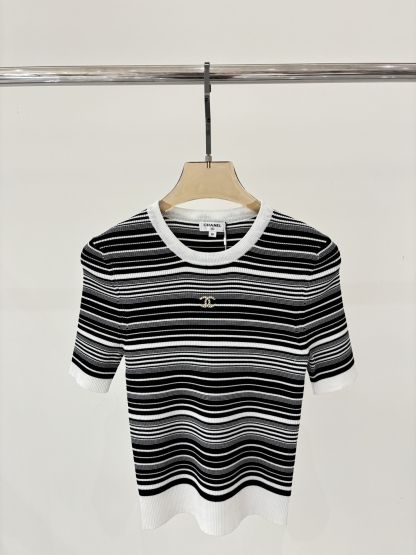 CHANE25SS Round Neck Letter Logo Stripe Patchwork Colour Block Knit Short Sleeve