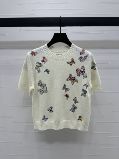 DIO25SS Butterfly Embroidery Round Neck Knit Short Sleeve T-Shirt