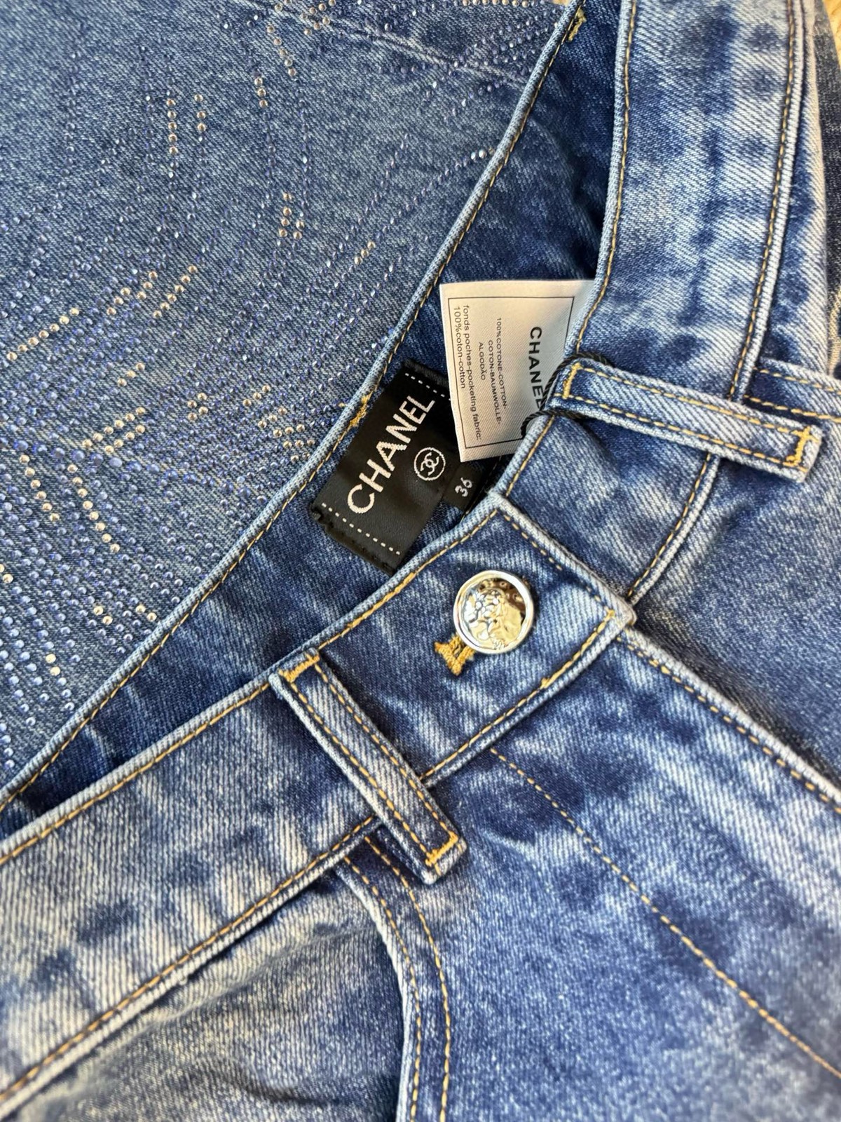 CHANE rhinestone feather jeans