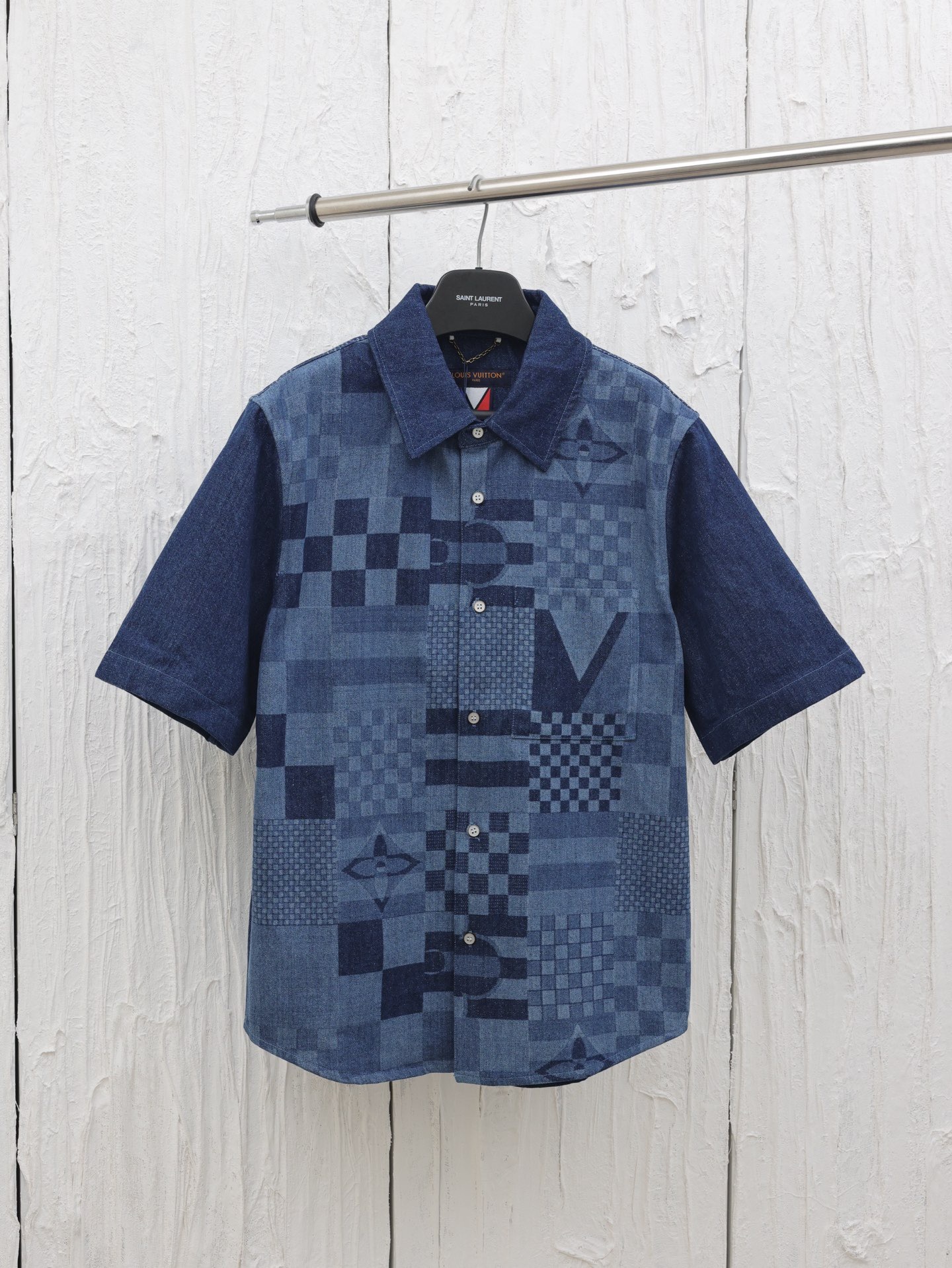 1V Color blocked checkered denim short sleeved shirt