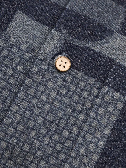 1V Color blocked checkered denim short sleeved shirt