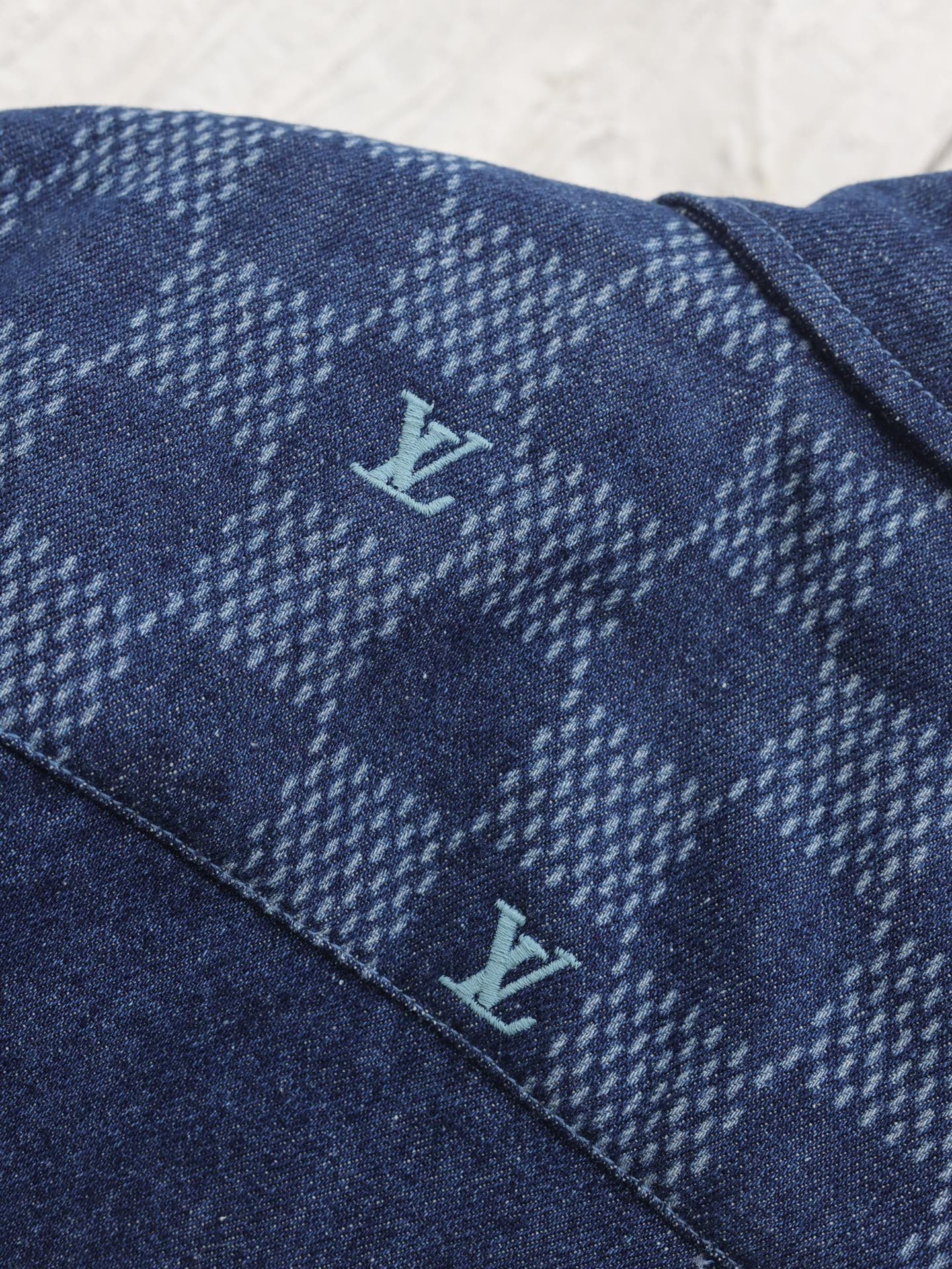 1V Color blocked checkered denim short sleeved shirt