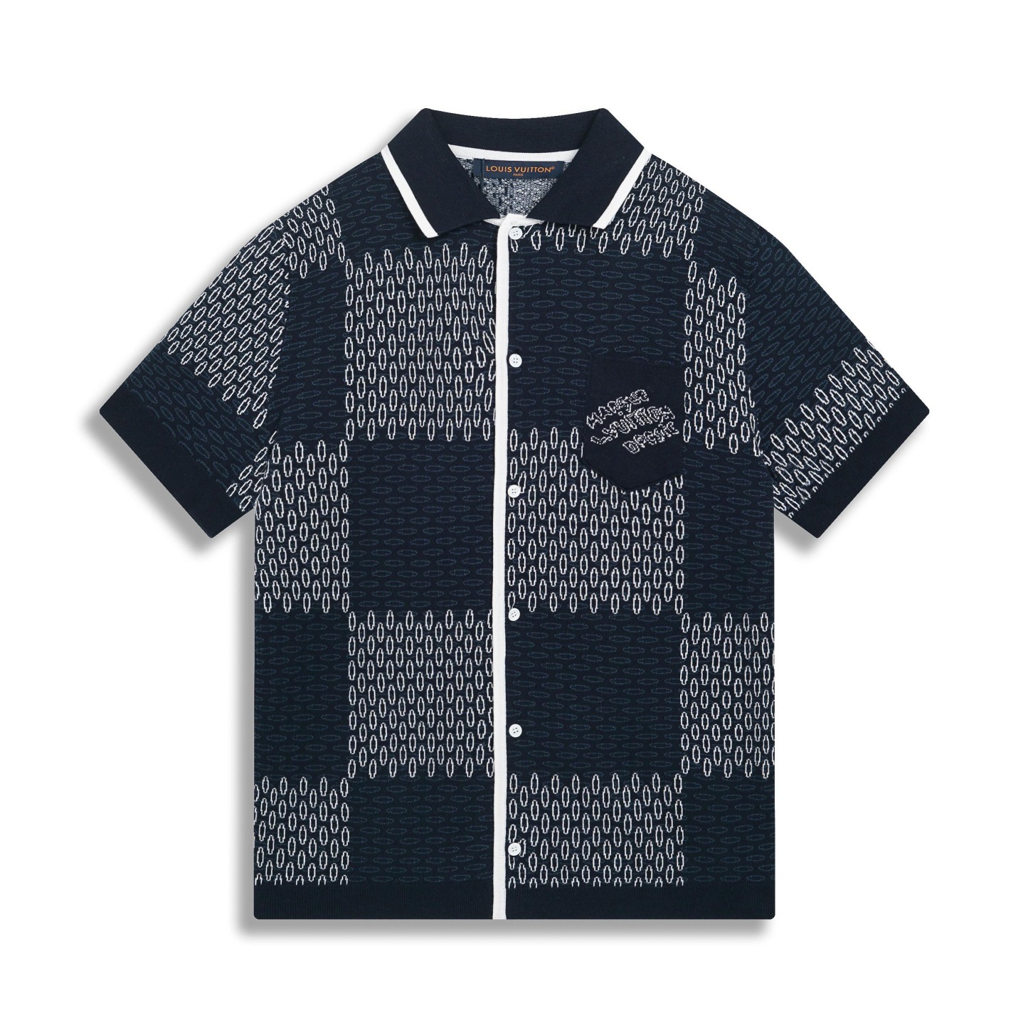 1V Blue grid knitted short sleeved shirt