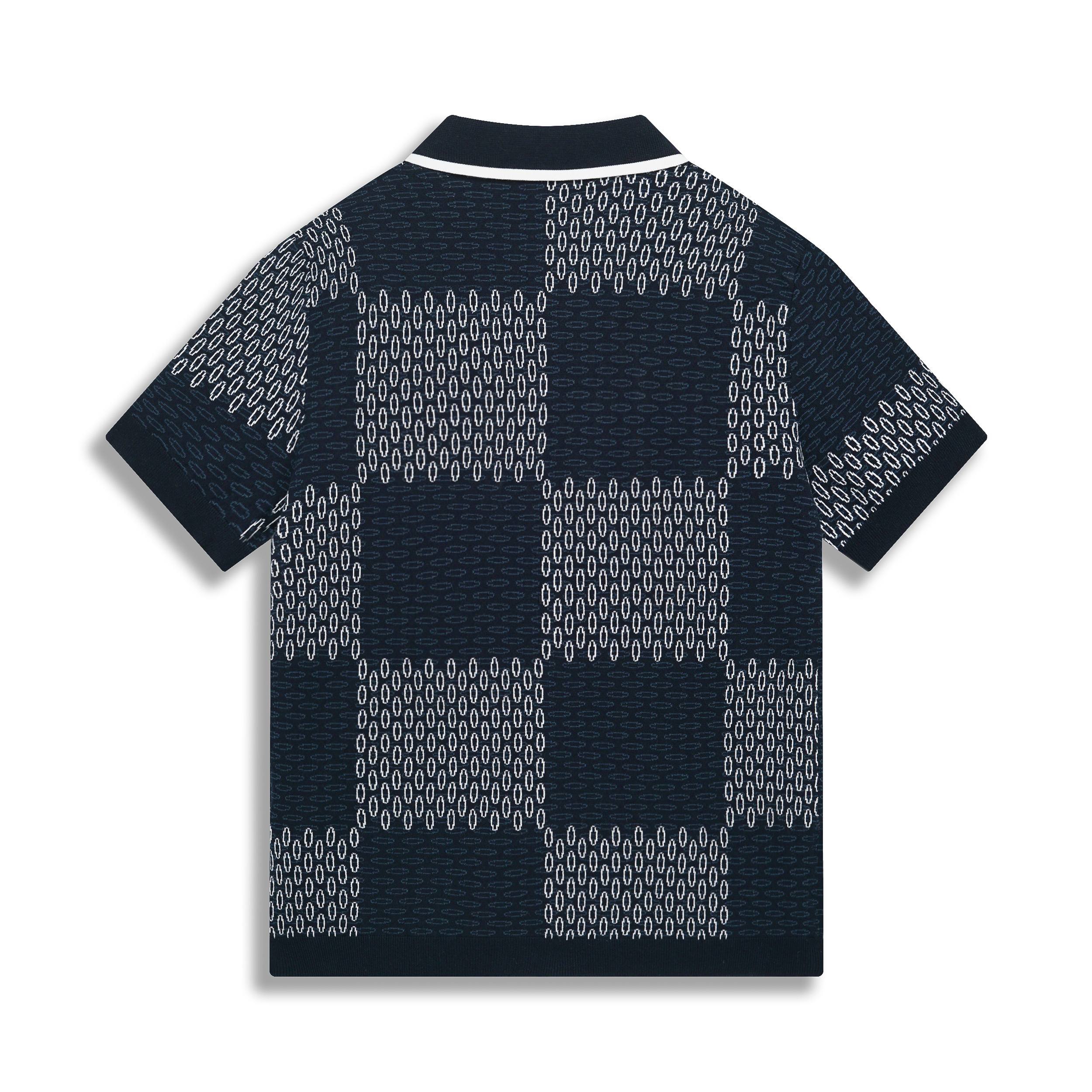 1V Blue grid knitted short sleeved shirt