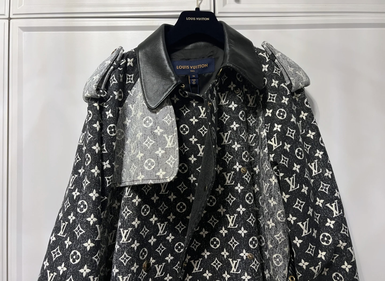 1V Vintage leather collar long windbreaker