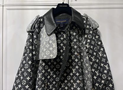 1V Vintage leather collar long windbreaker