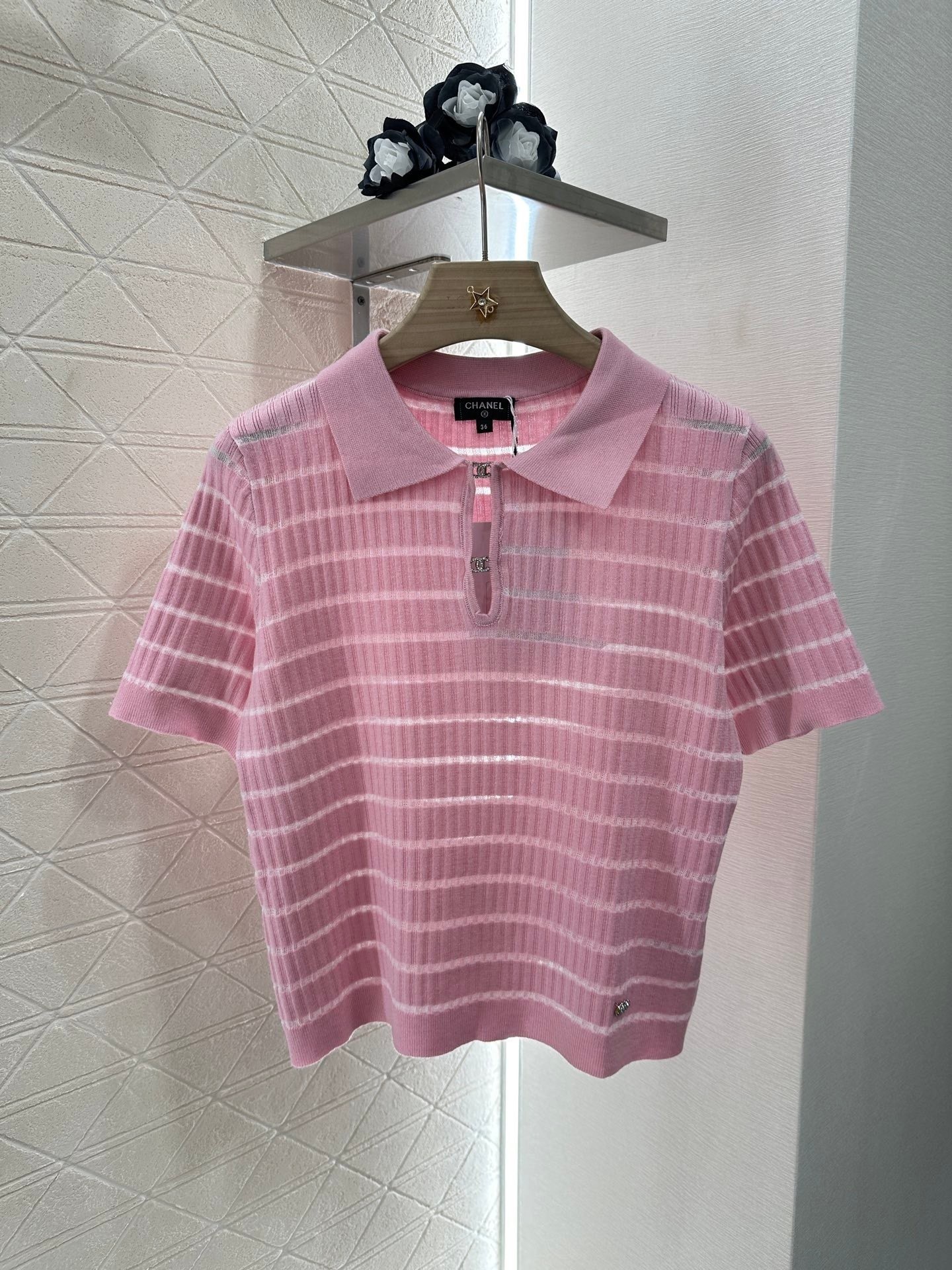 CHAN 25SS Hollow striped knitted short sleeved shirt