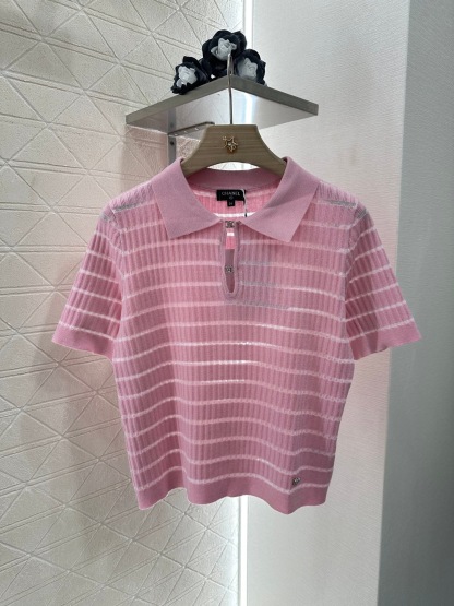 CHAN 25SS Hollow striped knitted short sleeved shirt