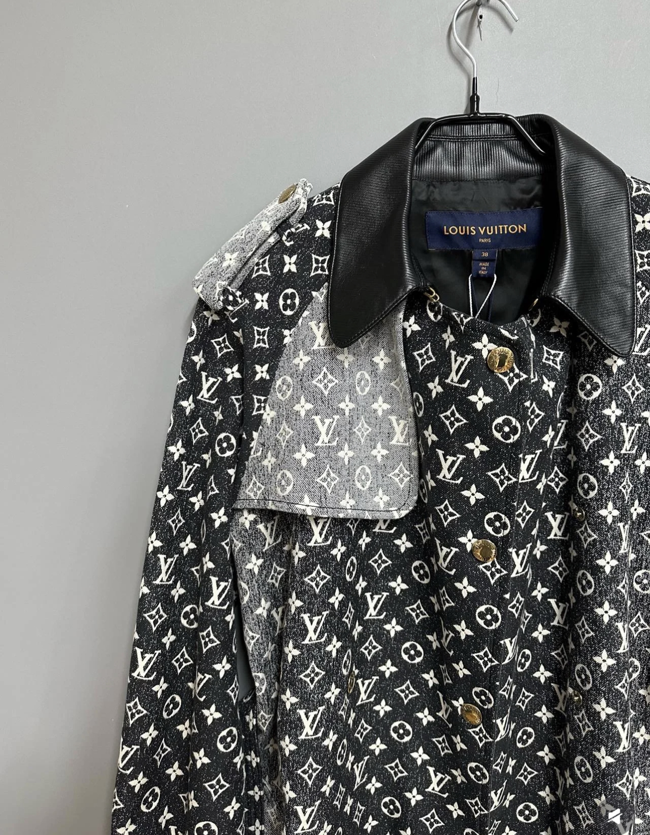 1V Vintage leather collar long windbreaker