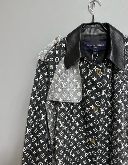 1V Vintage leather collar long windbreaker