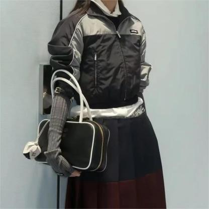 MIU25SS monogrammed appliquéd stand-up collar colorblocked short jacket