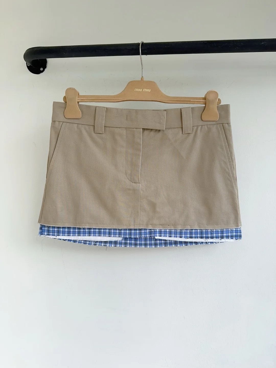 MIU25SS Plaid Patchwork Embroidered Letter Half Skirt