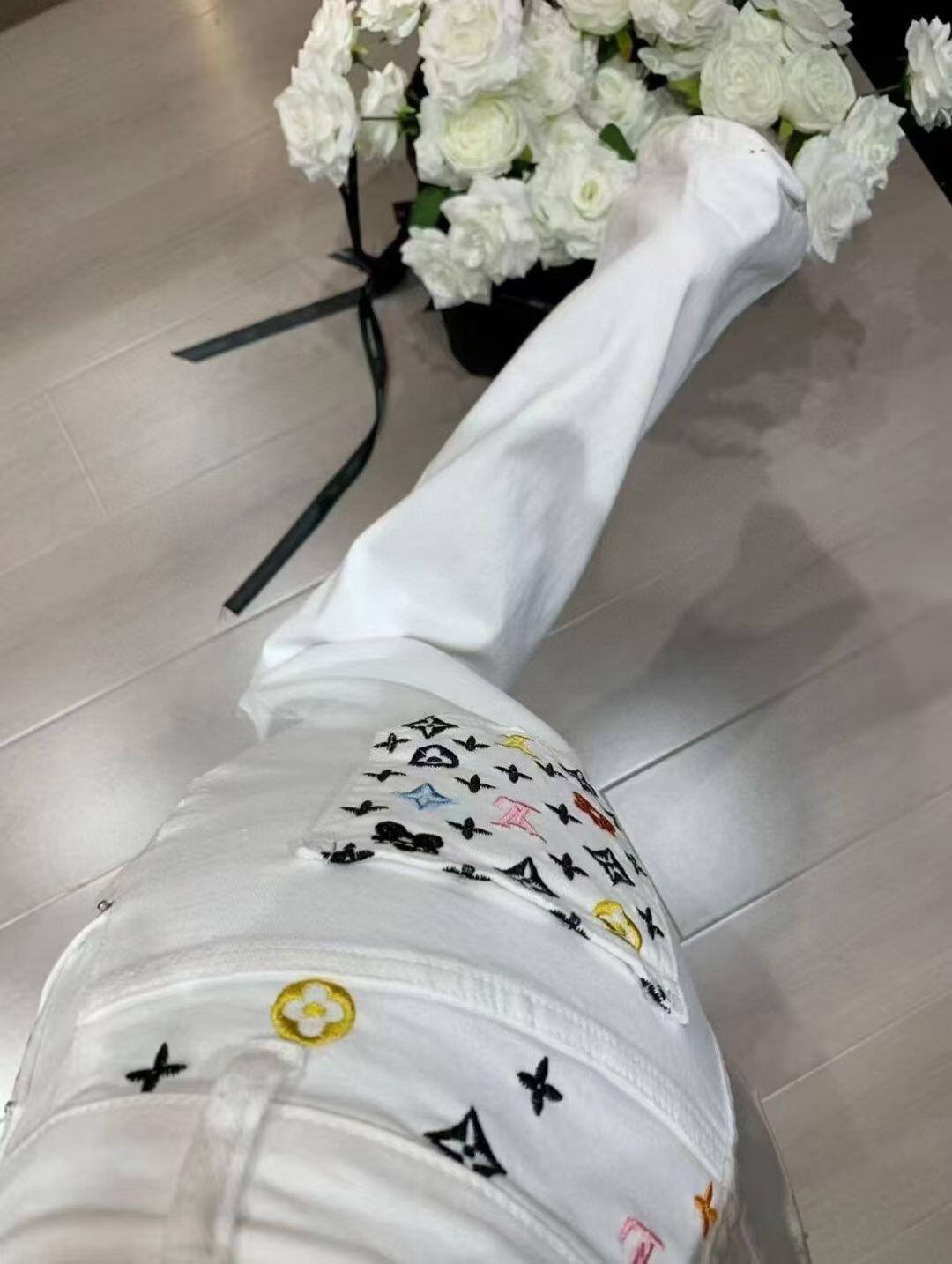 Louis vuit25SS rainbow embroidered denim straight leg jeans