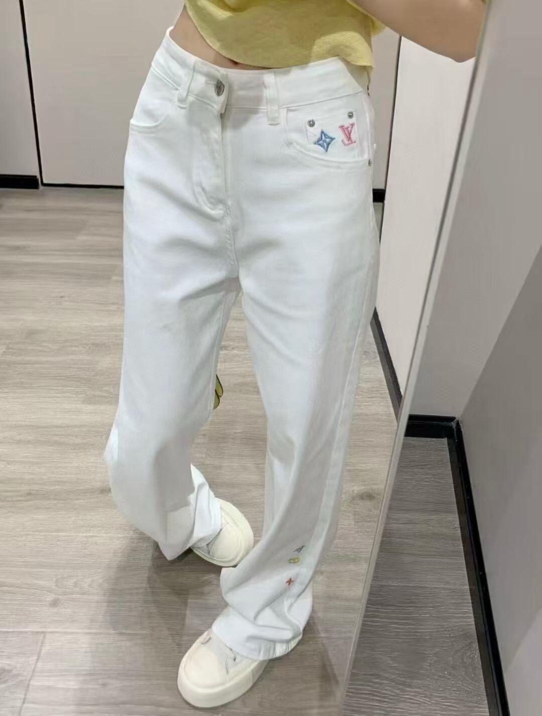 Louis vuit25SS rainbow embroidered denim straight leg jeans