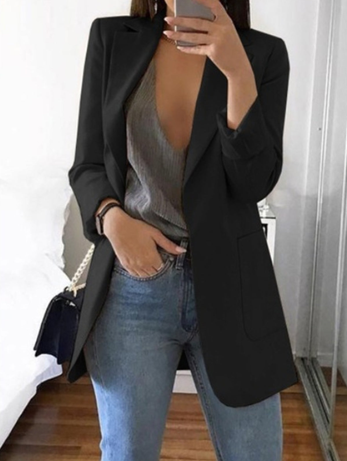 Elegant Plain Lapel Collar Dual Pocket Blazer
