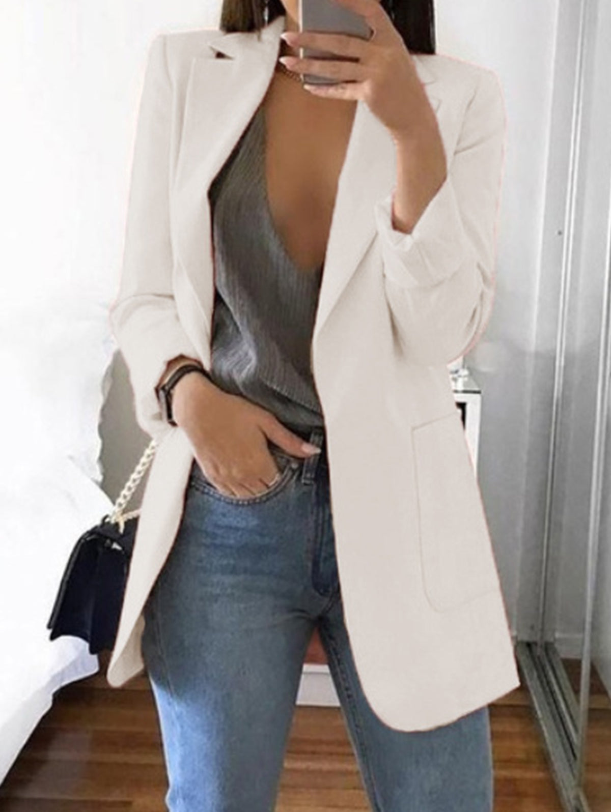 Elegant Plain Lapel Collar Dual Pocket Blazer