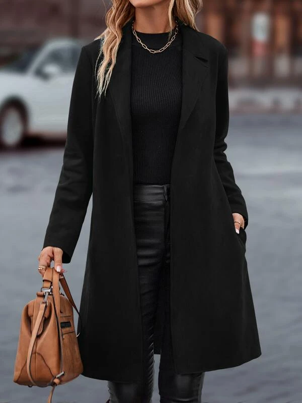 Lapel Neck Slant Pockets Open Front Belted Coat