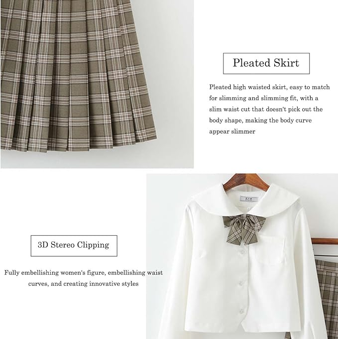 Womens Japanese School Girl JK Skirt Costume,Summer School Uniform Set,Sexy Sailor Cosplay Costumes,Halloween Uniform,Mini Plaid Skirt Shirt with Bow Tie