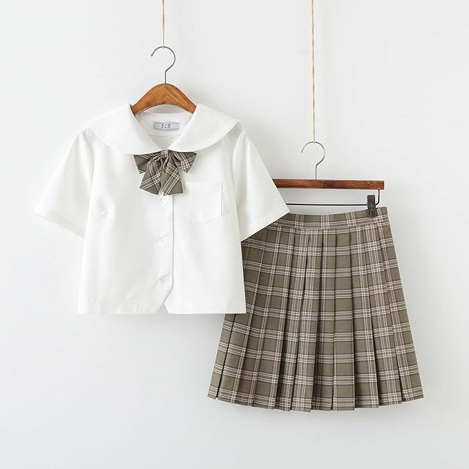 Womens Japanese School Girl JK Skirt Costume,Summer School Uniform Set,Sexy Sailor Cosplay Costumes,Halloween Uniform,Mini Plaid Skirt Shirt with Bow Tie