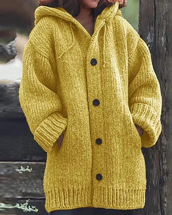 Button Down Hooded Knitted Cardigan Plus Size Outerwear