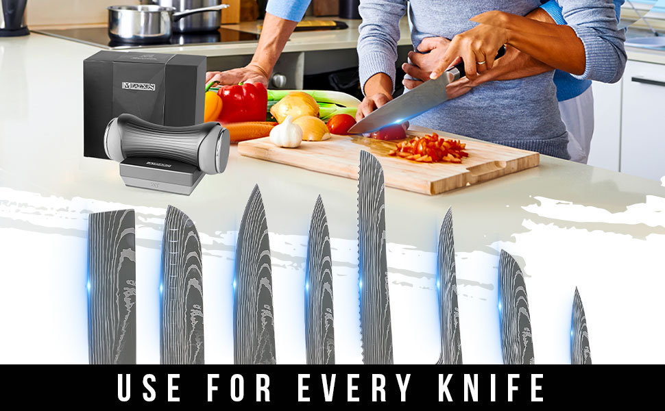 Knife sharpener display showing variety of knives able to be sharpened with our whetstone sharpener