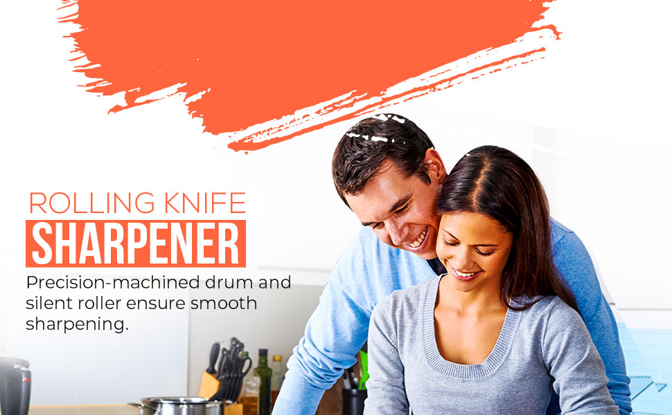 MEAZDUS rolling knife sharpener in kitchen setting, professional kitchen knife sharpening kit in use
