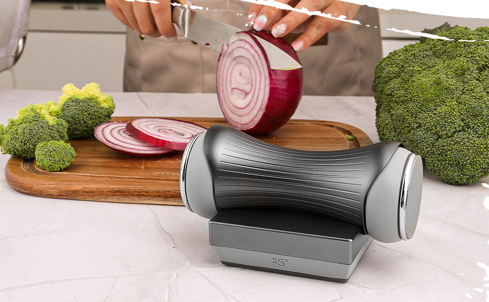 Kitchen gadget knife sharpening kit being used to cut all vegetables with a razor sharp knife edge