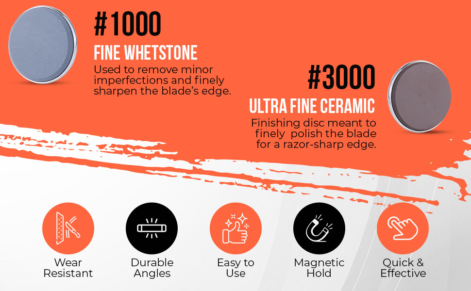 Rolling knife sharpening kit features including fine knife sharpening whetstone and ceramic discs