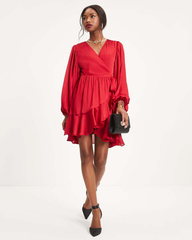 Whitney Satin Wrap Ruffle Mini Dress-Matylis
