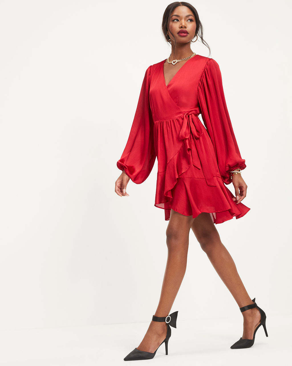 Whitney Satin Wrap Ruffle Mini Dress-Matylis