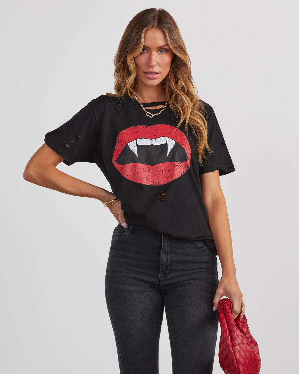 Vampire Lips Distressed Cotton Tee-Matylis