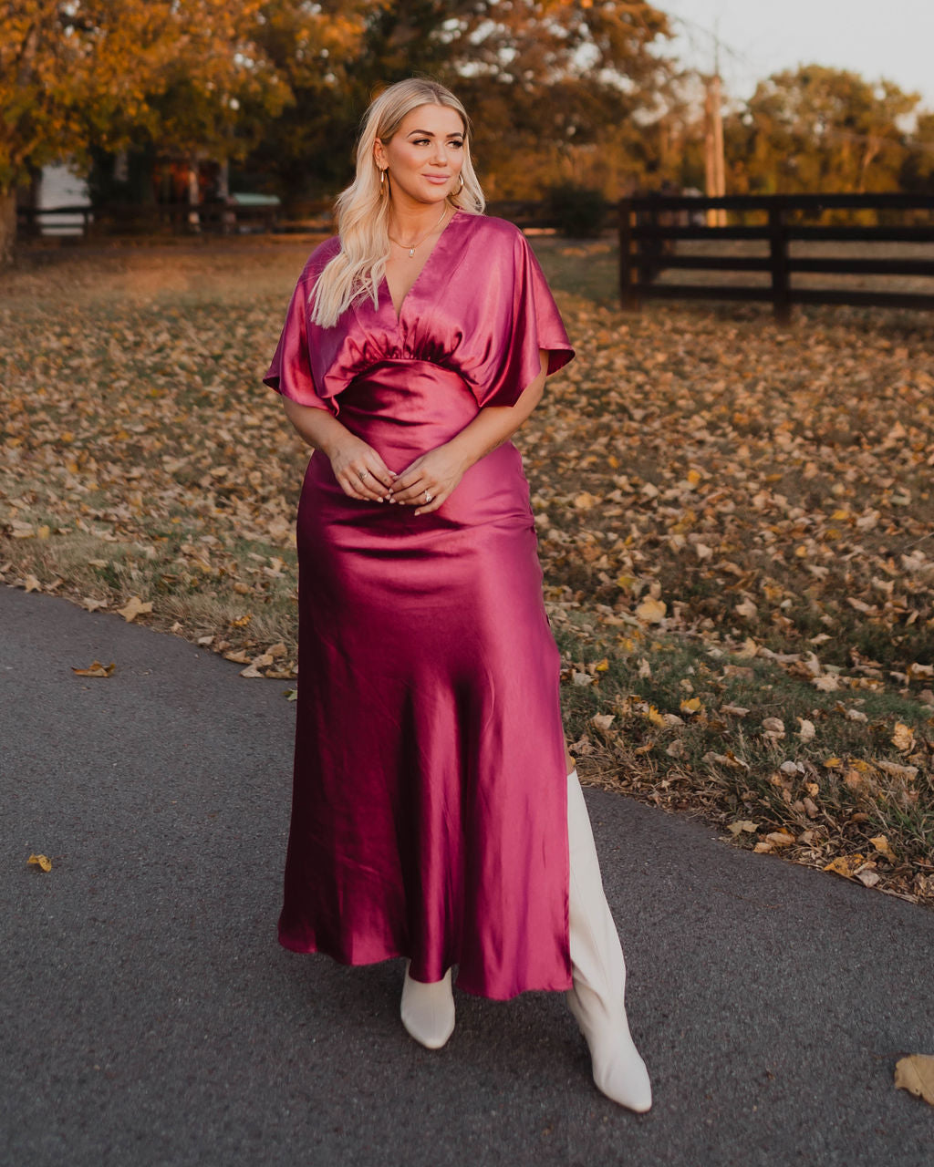 Theia Satin V-Neck Maxi Dress-Matylis