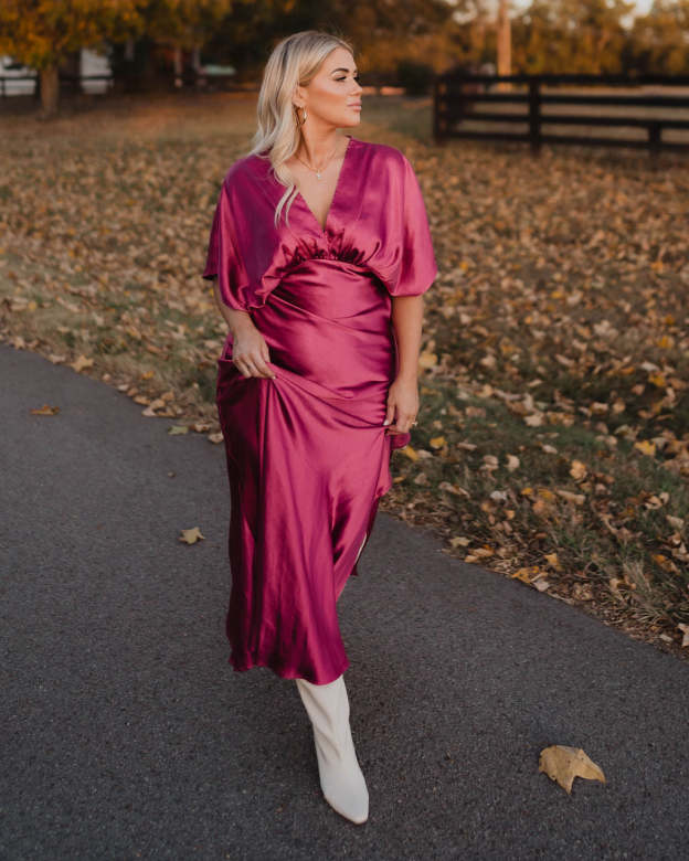 Theia Satin V-Neck Maxi Dress-Matylis