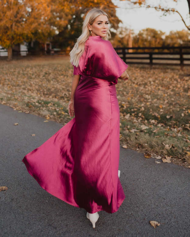 Theia Satin V-Neck Maxi Dress-Matylis