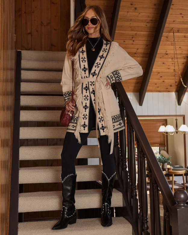 Winter Ember Abstract Waist Tie Cardigan-Matylis