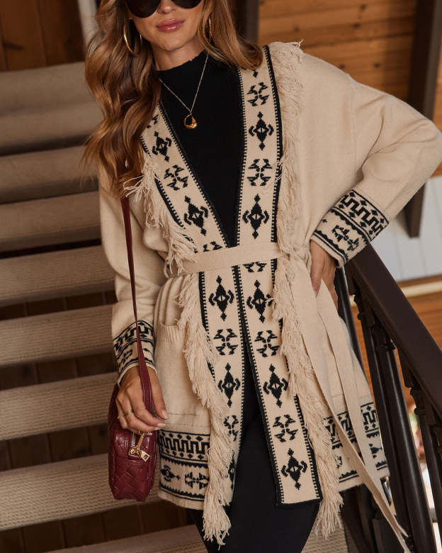 Winter Ember Abstract Waist Tie Cardigan-Matylis