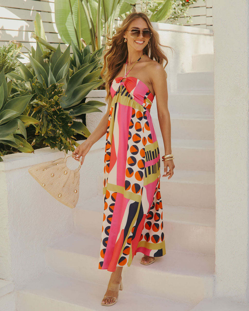 Till Sunset Abstract Halter Maxi Dress-Matylis