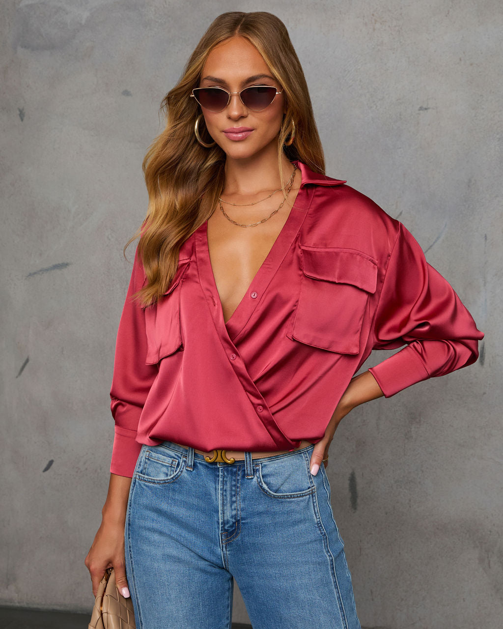 Veda Asymmetric Button Satin Top-Matylis