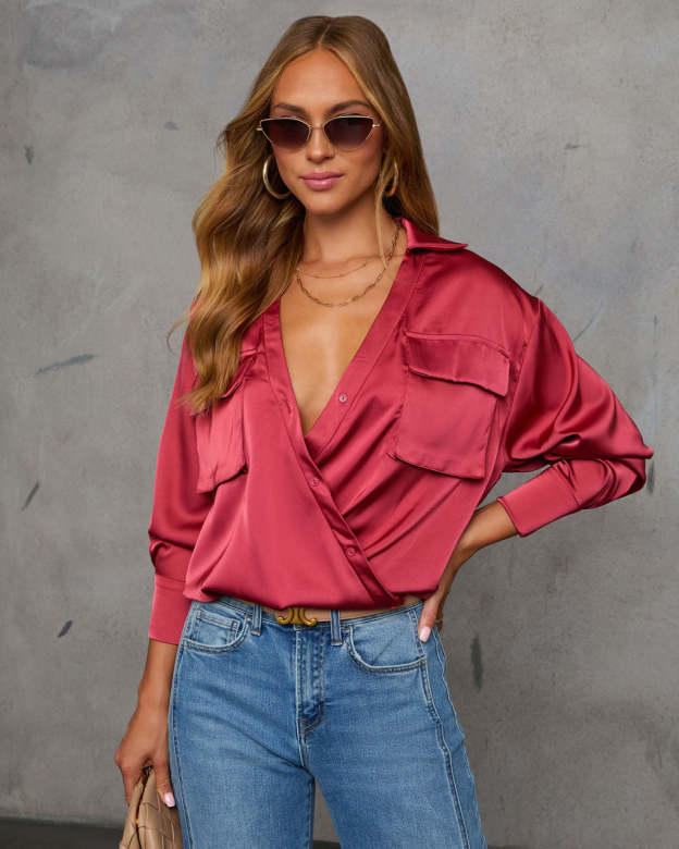 Veda Asymmetric Button Satin Top-Matylis