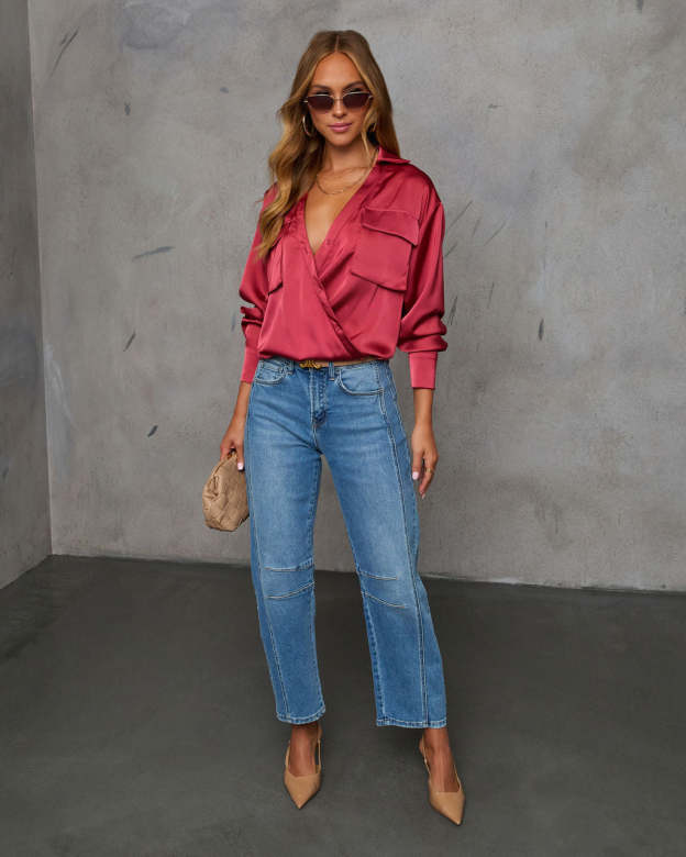 Veda Asymmetric Button Satin Top-Matylis