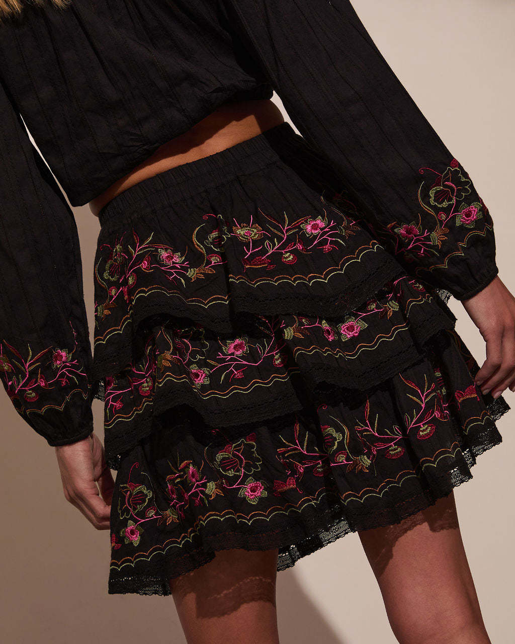 Trail of Flowers Tiered Floral Mini Skirt-Matylis