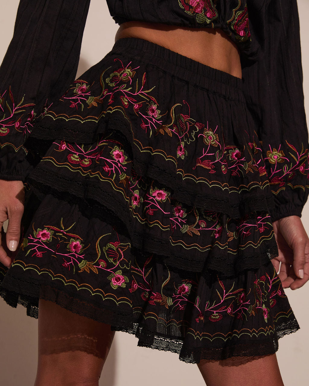 Trail of Flowers Tiered Floral Mini Skirt-Matylis