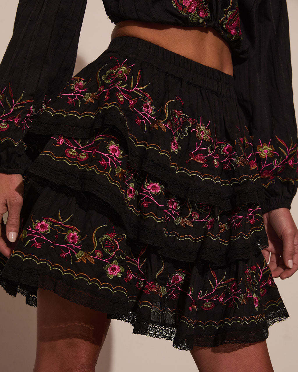 Trail of Flowers Tiered Floral Mini Skirt-Matylis