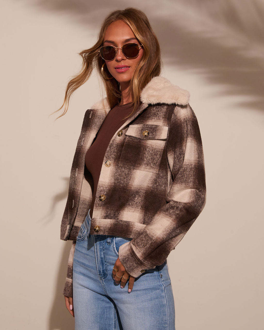 Warm Feels Fur Collar Plaid Jacket-Matylis