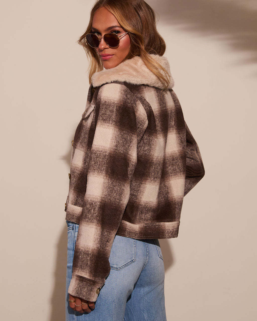 Warm Feels Fur Collar Plaid Jacket-Matylis