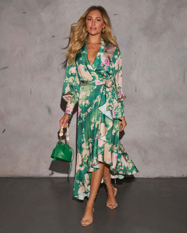 Vilma Satin Wrap Midi Dress-Matylis